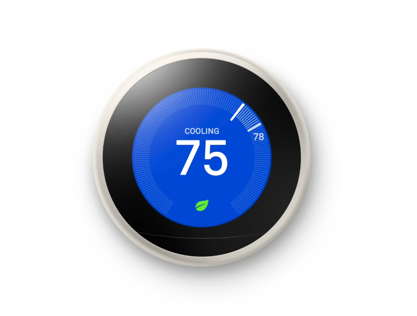 Smart thermostat with a blue screen and black border